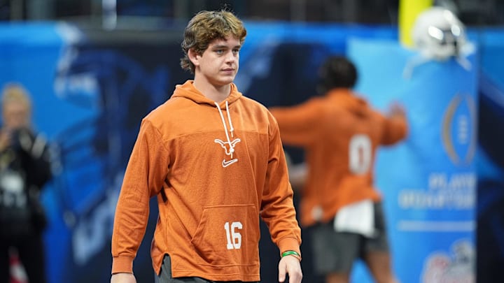Jan 1, 2025; Atlanta, GA, USA; Texas Longhorns quarterback Arch Manning (16) warms up before the Peach Bowl at Mercedes-Benz Stadium. Mandatory Credit: Dale Zanine-Imagn Images