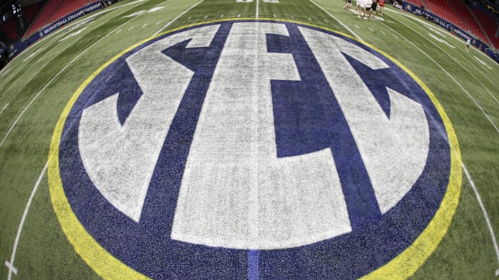 Dec 4, 2021; Atlanta, GA, USA; Detailed view of the SEC logo on the field before the SEC championship game between the Georgia Bulldogs and Alabama Crimson Tide at Mercedes-Benz Stadium. Mandatory Credit: Brett Davis-USA TODAY Sports