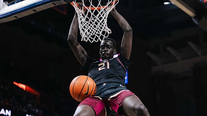 Mar 4, 2025; Charlottesville, Virginia, USA; Florida State Seminoles forward Alier Maluk (21) dunks the ball in the first half against the Virginia Cavaliers at John Paul Jones Arena. Mandatory Credit: Emily Faith Morgan-Imagn Images Mar 4, 2025; Charlottesville, Virginia, USA; Florida State Seminoles forward Alier Maluk (21) dunks the ball in the first half against the Virginia Cavaliers at John Paul Jones Arena. Mandatory Credit: Emily Faith Morgan-Imagn Images