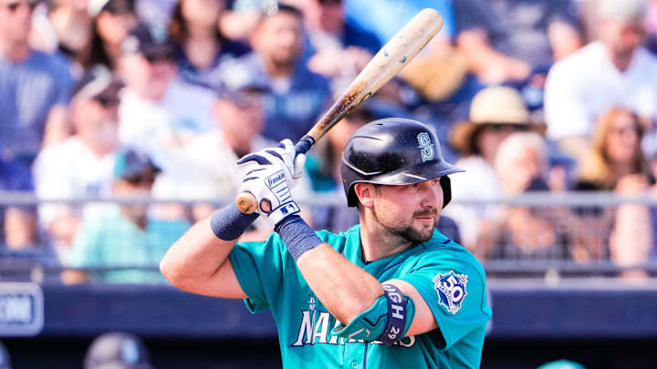 Feb 24, 2026; Peoria, Arizona, USA;  Seattle Mariners catcher Cal Raleigh (29) at bat during the first inning in Peoria, Arizona. Mandatory Credit: Arianna Grainey-Imagn Images