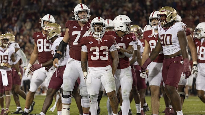 Oct 18, 2025; Stanford, California, USA;  Stanford Cardinal running back Cole Tabb (33) reacts with his teammates after scoring a touchdown during the third quarter against the Florida State Seminoles at Stanford Stadium. Mandatory Credit: Stan Szeto-Imagn Images