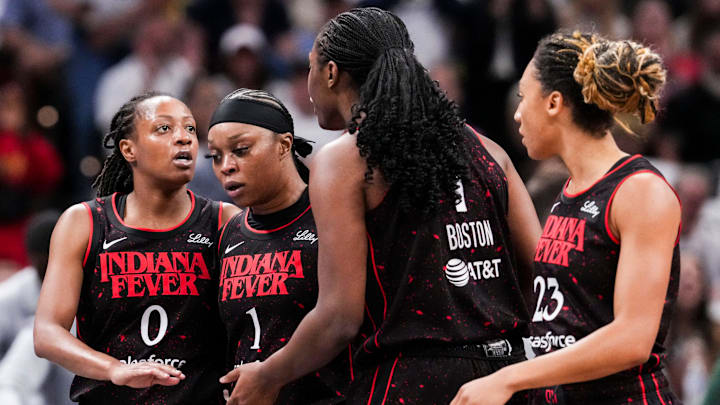 Indiana Fever guard Kelsey Mitchell (0) talks to the team Tuesday, Aug. 26, 2025, during a game between the Indiana Fever and the Seattle Storm at Gainbridge Fieldhouse in Indianapolis.