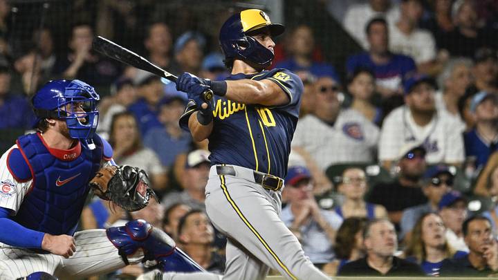Sep 1, 2026; Chicago, Illinois, USA;  Milwaukee Brewers right fielder Sal Frelick (10) hits an RBI single against the Chicago Cubs during the seventh inning at Wrigley Field.  Mandatory Credit: Matt Marton-Imagn Images