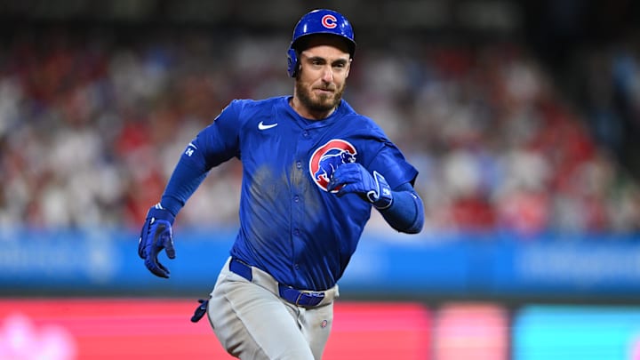 Sep 24, 2024; Philadelphia, Pennsylvania, USA; Chicago Cubs outfielder Cody Bellinger (24) runs to third after hitting an RBI triple against the Philadelphia Phillies in the sixth inning at Citizens Bank Park.