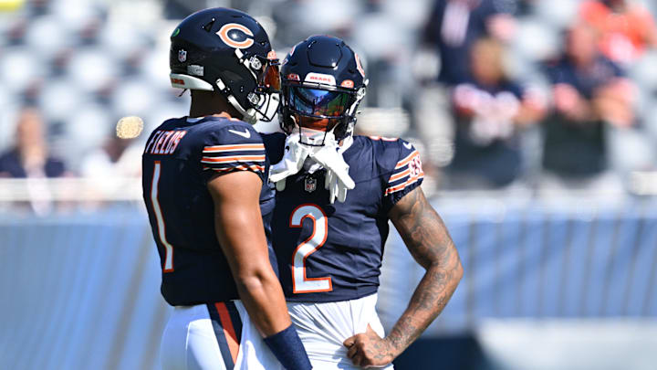 Oct 1, 2023; Chicago, Illinois, USA;  Chicago Bears wide receiver DJ Moore (2) talks with