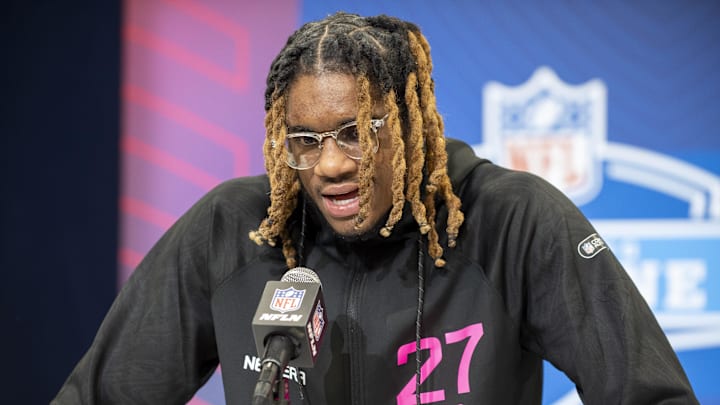 East Carolina defensive back Shavon Revel (DB27) during the 2025 NFL Combine at Lucas Oil Stadium.