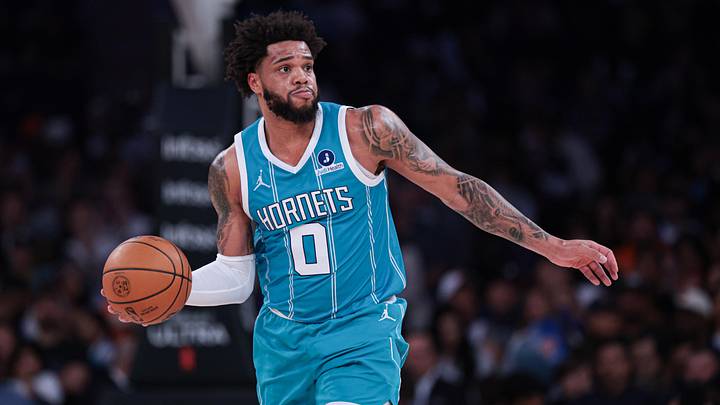 Apr 12, 2026; New York, New York, USA; Charlotte Hornets forward Miles Bridges (0) passes the ball during the first half against the New York Knicks at Madison Square Garden. Mandatory Credit: Vincent Carchietta-Imagn Images