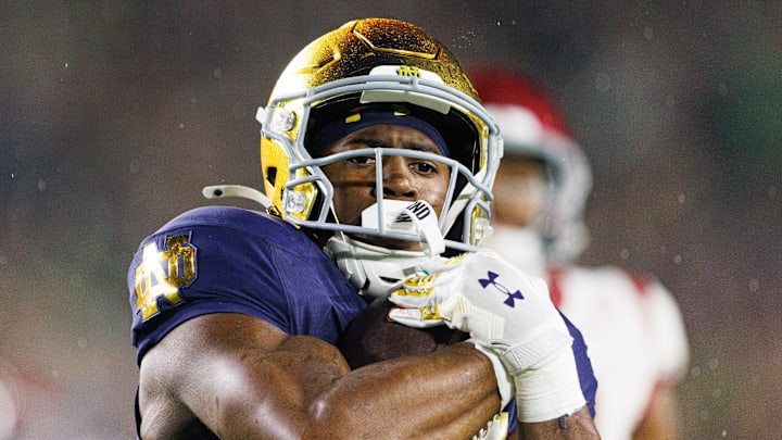 Notre Dame running back Jadarian Price returns a kick for a touchdown in the second half of a NCAA football game against Southern California at Notre Dame Stadium on Saturday, Oct. 18, 2025, in South Bend.