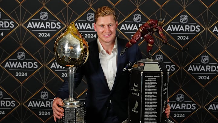 Jun 27, 2024; Las Vegas, Nevada, USA; Nathan MacKinnon was awarded the Hart Trophy and the Ted Lindsay Award during the 2024 NHL Awards at Fontainebleau Las Vegas. Mandatory Credit: Stephen R. Sylvanie-Imagn Images