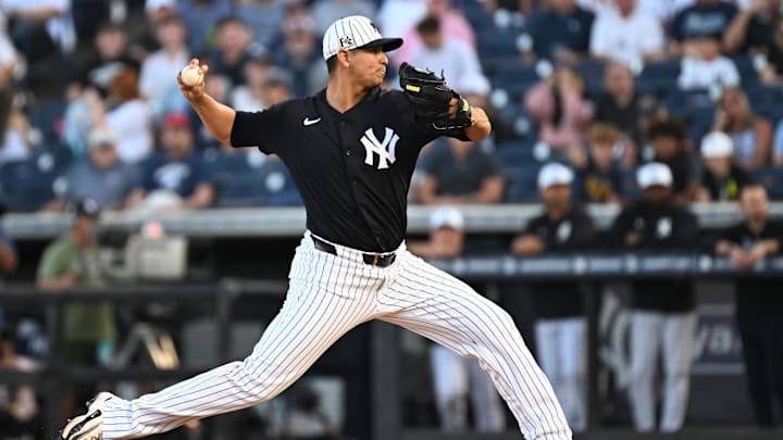 Mar 19, 2025; Tampa, Florida, USA; New York Yankees starting pitcher Carlos Carrasco (59) throws a pitch in the first inning against the Atlanta Braves during spring training at George M. Steinbrenner Field. Mandatory Credit: Jonathan Dyer-Imagn Images