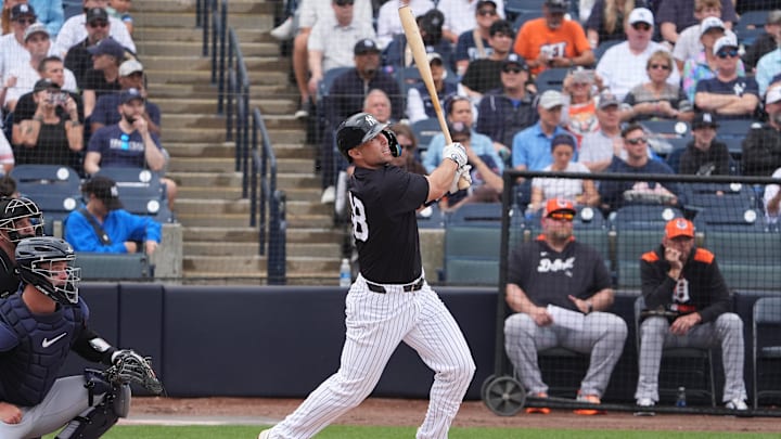 Mar 10, 2025; Tampa, Florida, USA; New York Yankees first baseman Paul Goldschmidt (48) hits a home run against the Detroit Tigers during the first inning at George M. Steinbrenner Field.