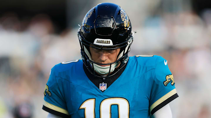 Jacksonville Jaguars quarterback Mac Jones (10) walks off the field during the fourth quarter Sunday, Dec. 15, 2024 at EverBank Stadium in Jacksonville, Fla. The Jets held off the Jaguars 32-25. [Corey Perrine/Florida Times-Union]