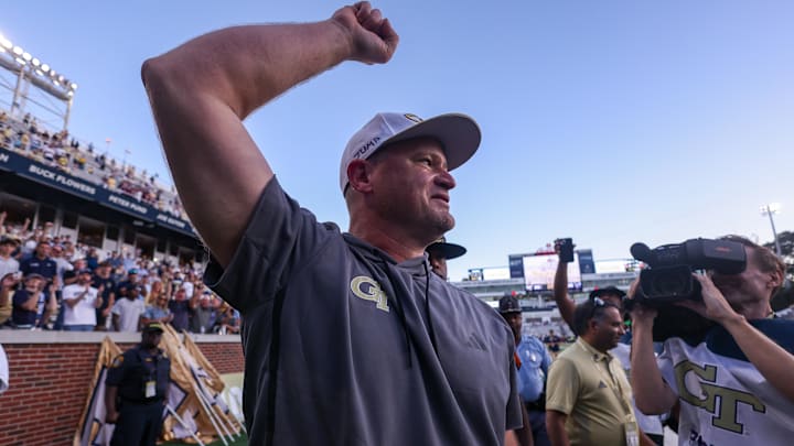 Georgia Tech Yellow Jackets head coach Brent Key celebrates after a victory over the Virginia Tech Hokies at Bobby Dodd Stadium at Hyundai Field. Georgia Tech Yellow Jackets head coach Brent Key celebrates after a victory over the Virginia Tech Hokies at Bobby Dodd Stadium at Hyundai Field.