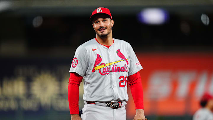 Sep 25, 2024; Denver, Colorado, USA; St. Louis Cardinals third base Nolan Arenado (28) reacts in the third inning against the Colorado Rockies at Coors Field.