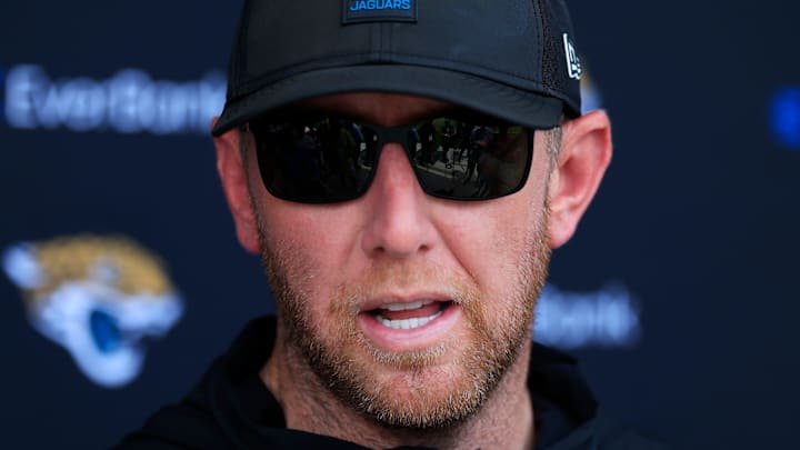 Jacksonville Jaguars head coach Liam Coen talks to members of the media after an NFL training camp session at the Miller Electric Center, Friday Aug. 15, 2025 in Jacksonville, Fla. [Corey Perrine/Florida Times-Union]