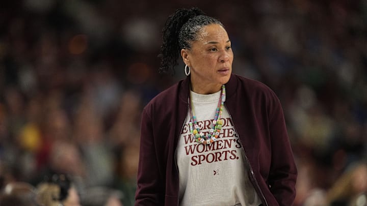 Mar 8, 2025; Greenville, SC, USA; South Carolina Gamecocks head coach Dawn Staley during the second half against the Oklahoma Sooners at Bon Secours Wellness Arena. Mandatory Credit: Jim Dedmon-Imagn Images