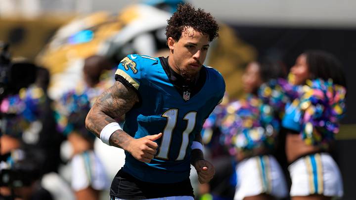 Jacksonville Jaguars wide receiver Parker Washington (11) is introduced before an NFL football matchup at EverBank Stadium on Sunday, Sept. 27, 2026, in Jacksonville, Fla. The Jaguars defeated the Patriots 35-6. [Corey Perrine/Florida Times‑Union]