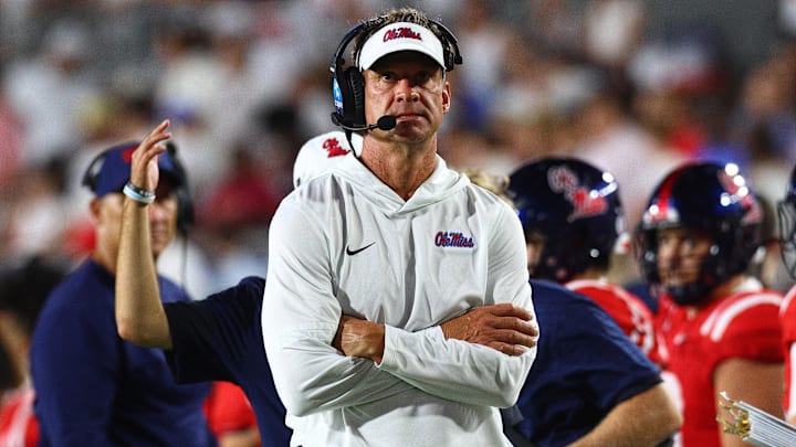 Aug 30, 2025; Oxford, Mississippi, USA; Mississippi Rebels head coach Lane Kiffin looks on during the fourth quarter against the Georgia State Panthers at Vaught-Hemingway Stadium. Mandatory Credit: Petre Thomas-Imagn Images