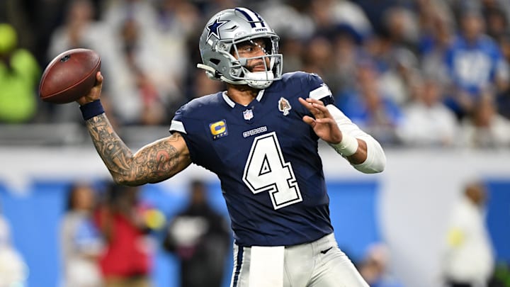 Dec 4, 2025; Detroit, Michigan, USA; Dallas Cowboys quarterback Dak Prescott (4) throws during the first half against the Detroit Lions at Ford Field. Dec 4, 2025; Detroit, Michigan, USA; Dallas Cowboys quarterback Dak Prescott (4) throws during the first half against the Detroit Lions at Ford Field.