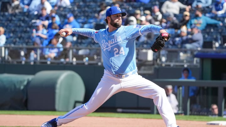 Apr 11, 2024; Kansas City, Missouri, USA; Kansas City Royals pitcher Jordan Lyles (24) delivers a pitch against the Houston Astros in the ninth inning at Kauffman Stadium. Apr 11, 2024; Kansas City, Missouri, USA; Kansas City Royals pitcher Jordan Lyles (24) delivers a pitch against the Houston Astros in the ninth inning at Kauffman Stadium.