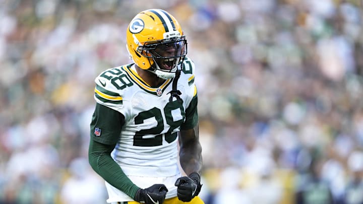 Aug 23, 2025; Green Bay, Wisconsin, USA; Green Bay Packers linebacker Isaiah Simmons (28) reacts to tackling Seattle Seahawks running back Jacardia Wright (31) during the second half at Lambeau Field. Mandatory Credit: Kayla Wolf-Imagn Images Aug 23, 2025; Green Bay, Wisconsin, USA; Green Bay Packers linebacker Isaiah Simmons (28) reacts to tackling Seattle Seahawks running back Jacardia Wright (31) during the second half at Lambeau Field. Mandatory Credit: Kayla Wolf-Imagn Images