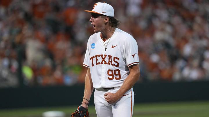 Texas Longhorns pitcher Dylan Volantis (99) reacts after completing the top of the fifth inning against the Oregon Ducks during a Super Regional game at UFCU Disch-Falk field in Austin, Texas.