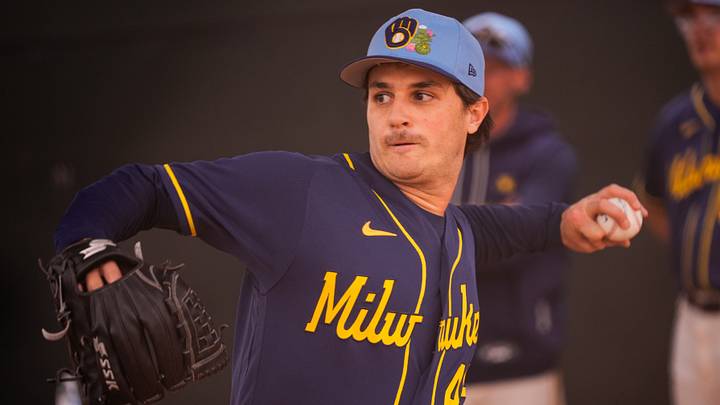 Feb 13, 2026; Phoenix, AZ, USA;  Milwaukee Brewers pitcher Thomas Pannone (45) pitches at workouts in Phoenix, Arizona. Mandatory Credit: Arianna Grainey-Imagn Images