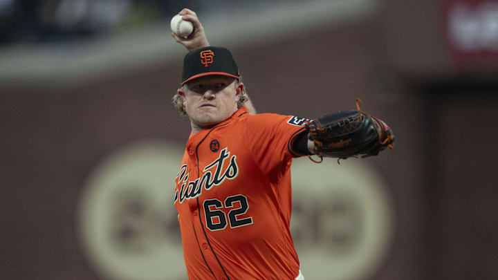 Sep 13, 2024; San Francisco, California, USA;  San Francisco Giants pitcher Logan Webb (62) pitches during the first inning against the San Diego Padres at Oracle Park.