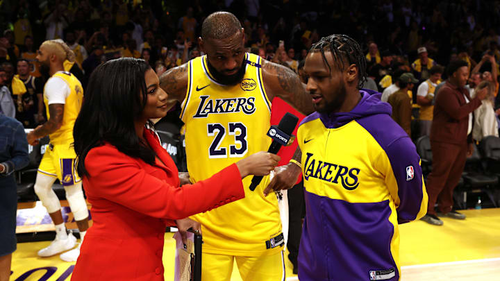 NBA on TNT sideline reporter Taylor Rooks interviews Los Angeles Lakers forward LeBron James and guard Bronny James. NBA on TNT sideline reporter Taylor Rooks interviews Los Angeles Lakers forward LeBron James and guard Bronny James.