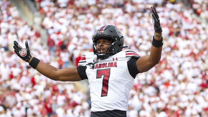 South Carolina Gamecocks defensive back Nick Emmanwori reacts after returning an interception for a touchdown.