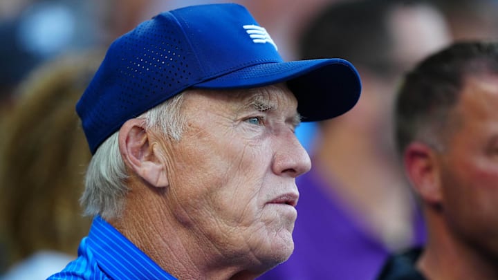 May 28, 2024; Denver, Colorado, USA; Former American football player John Elway in attendance between the Cleveland Guardians against the Colorado Rockies in the first inning at Coors Field. May 28, 2024; Denver, Colorado, USA; Former American football player John Elway in attendance between the Cleveland Guardians against the Colorado Rockies in the first inning at Coors Field.