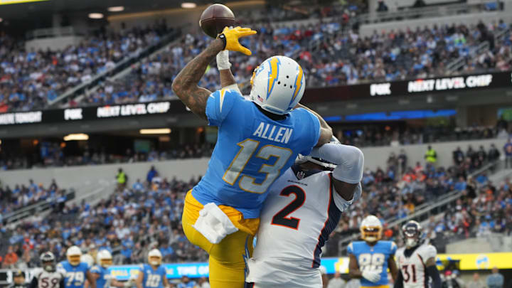 Jan 2, 2022; Inglewood, California, USA; Denver Broncos cornerback Pat Surtain II (2) breaks up a pass intended for Los Angeles Chargers wide receiver Keenan Allen (13) in the second half at SoFi Stadium. 