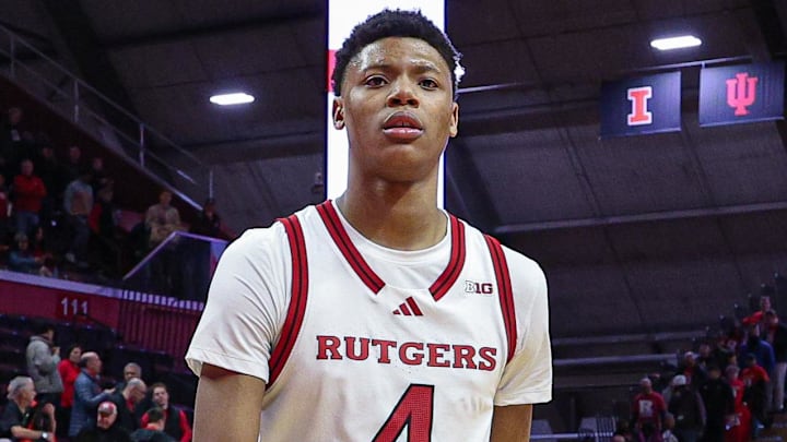Mar 9, 2025; Piscataway, New Jersey, USA; Rutgers Scarlet Knights guard Ace Bailey (4) walks off the court after defeating the Minnesota Golden Gophers at Jersey Mike's Arena. Mandatory Credit: Vincent Carchietta-Imagn Images