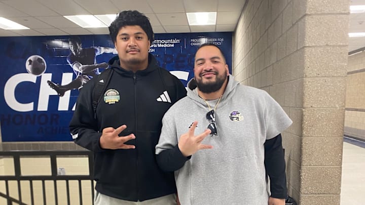 Esun Tafa and UW tight-ends coach Jordan Paopao recently met at Corner Canyon High School in Utah.