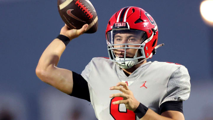 Carl Albert's Kevin Sperry throws a pass during the high school football game between Shawnee and Carl Albert at Crain Family Stadium on the Oklahoma Baptist University campus in Shawnee, Okla., Thursday, Sept. 28, 2023.