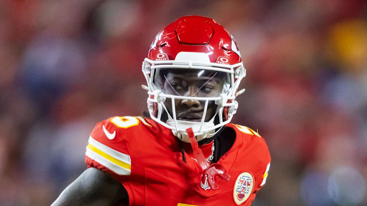 Jan 26, 2025; Kansas City, MO, USA; Kansas City Chiefs wide receiver Hollywood Brown (5) against the Buffalo Bills in the AFC Championship game at GEHA Field at Arrowhead Stadium. Mandatory Credit: Mark J. Rebilas-Imagn Images