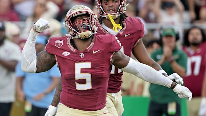 Oct 7, 2023; Tallahassee, Florida, USA; Florida State Seminoles defensive end Jared Verse (5)