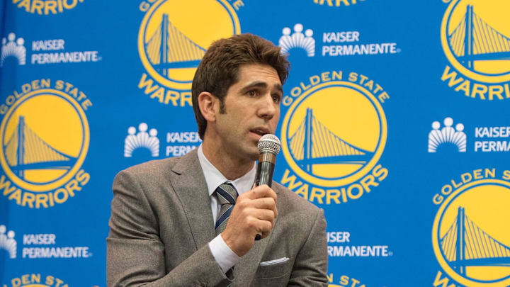 May 20, 2014; Oakland, CA, USA; Golden State Warriors general manager Bob Myers addresses the media in a press conference after naming Steve Kerr (not pictured) as the new head coach for the Warriors at the Warriors Practice Facility. Mandatory Credit: Kyle Terada-Imagn Images May 20, 2014; Oakland, CA, USA; Golden State Warriors general manager Bob Myers addresses the media in a press conference after naming Steve Kerr (not pictured) as the new head coach for the Warriors at the Warriors Practice Facility. Mandatory Credit: Kyle Terada-Imagn Images