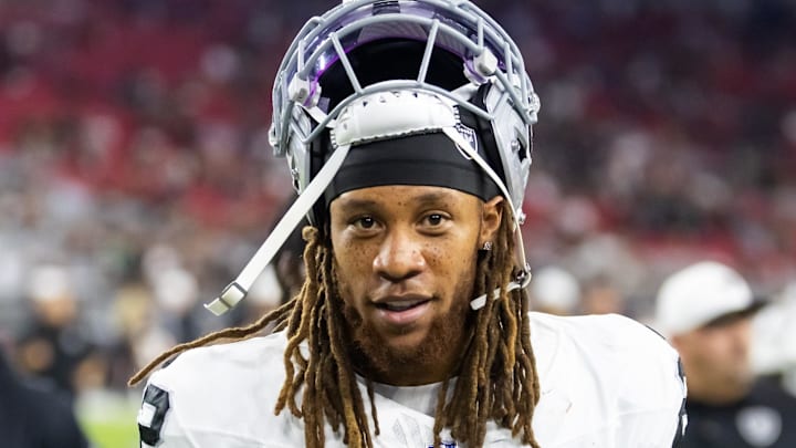 Aug 23, 2025; Glendale, Arizona, USA; Las Vegas Raiders cornerback Eric Stokes (22) against the Arizona Cardinals during a preseason NFL game at State Farm Stadium. Mandatory Credit: Mark J. Rebilas-Imagn Images