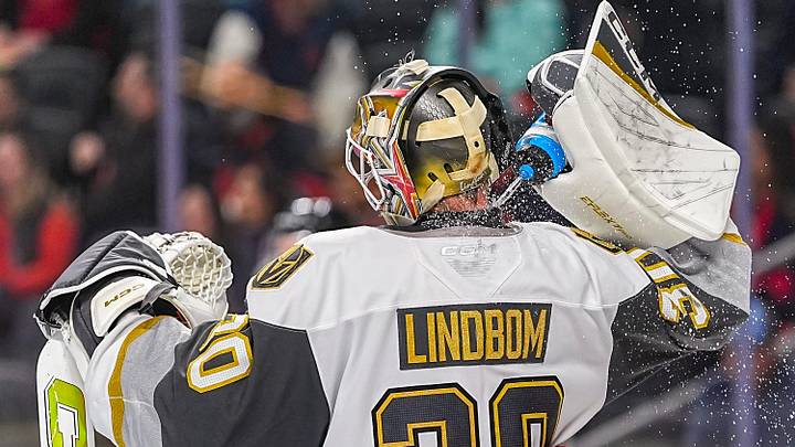 Henderson Silver Knights goalie Carl Lindbom waters down his back during the third period of their game at Acrisure Arena in Palm Desert, Calif., Wednesday, April 8, 2026.