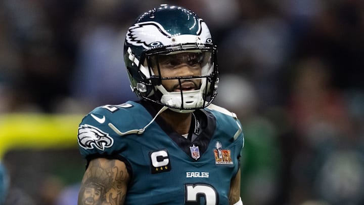 Feb 9, 2025; New Orleans, LA, USA; Philadelphia Eagles cornerback Darius Slay Jr. (2) against the Kansas City Chiefs during Super Bowl LIX at Ceasars Superdome. Mandatory Credit: Mark J. Rebilas-Imagn Images