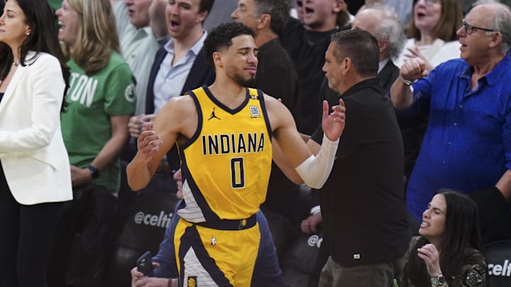 May 21, 2024; Boston, Massachusetts, USA; Indiana Pacers guard Tyrese Haliburton (0) reacts after missing a three point attempt against the Boston Celtics in the fourth quarter during game one of the eastern conference finals for the 2024 NBA playoffs at TD Garden. Mandatory Credit: David Butler II-USA TODAY Sports