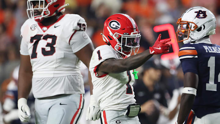 Oct 11, 2025; Auburn, Alabama, USA; Georgia Bulldogs wide receiver Zachariah Branch (1) celebrates making a first down during the fourth quarter against the Auburn Tigers at Jordan-Hare Stadium. Mandatory Credit: John Reed-Imagn Images Oct 11, 2025; Auburn, Alabama, USA; Georgia Bulldogs wide receiver Zachariah Branch (1) celebrates making a first down during the fourth quarter against the Auburn Tigers at Jordan-Hare Stadium. Mandatory Credit: John Reed-Imagn Images