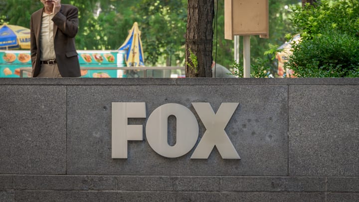 Marquee at the main entrance to the FOX News Headquarters at...