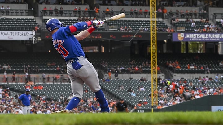 Chicago Cubs shortstop Miles Mastrobuoni hits a single during a game against the Baltimore Orioles on July 11 at Oriole Park.