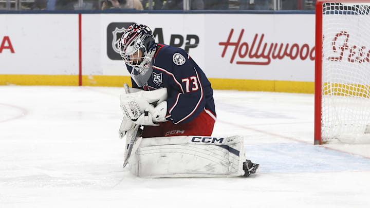 Blue Jackets goaltender Jet Greaves makes a save against the Chicago Blackhawks.