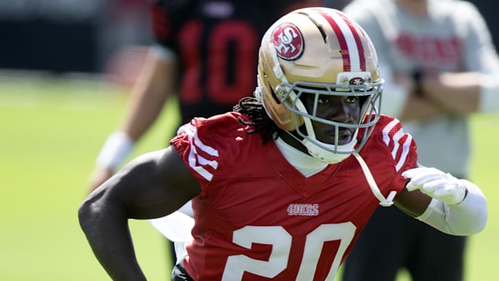 Jul 23, 2025; Santa Clara, CA, USA; San Francisco 49ers cornerback Upton Stout (20) runs a play during the first day of training camp at SAP Performance Facility. Mandatory Credit: D. Ross Cameron-Imagn Images