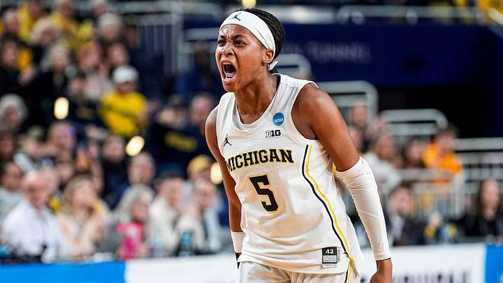 Michigan guard Brooke Q. Daniels (5) celebrates a play against N.C. State during the first half of NCAA Tournament Second Round at Crisler Center in Ann Arbor on Sunday, March 22, 2026.