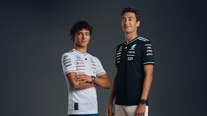 Andrea Kimi Antonelli and George Russell in the new 2025 Mercedes team kit.