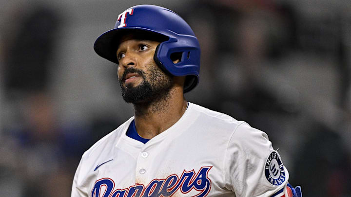 Aug 4, 2025; Arlington, Texas, USA; Texas Rangers second baseman Marcus Semien (2) in action during the game between the Texas Rangers and the New York Yankees at Globe Life Field. Mandatory Credit: Jerome Miron-Imagn Images